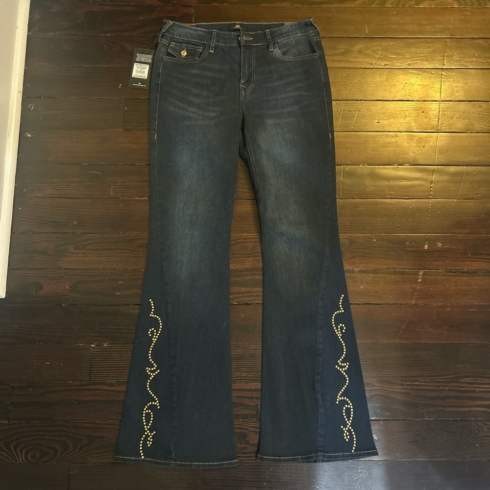 True Religion Dark Blue Flare Jeans with Gold Accents